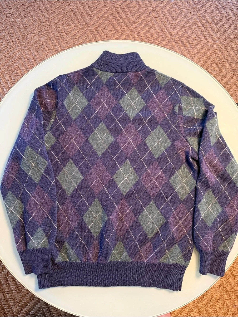 Ralph Lauren Purple Argyle Quarter-Zip Sweater with Green Diamonds size large